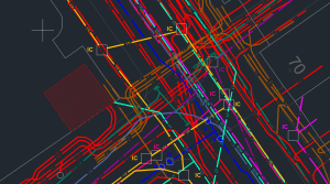 CAD desktop map of colour coded utility assets
